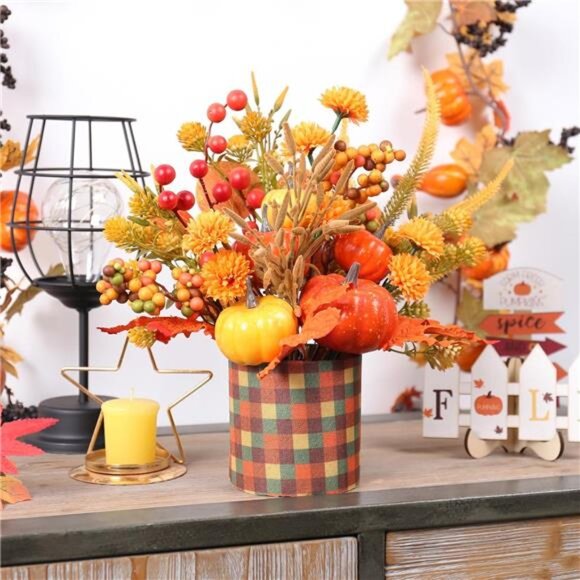 Super Holiday‎ Fall Decor, 12" Artificial Orange Pumpkin Berry Maple Tree - Picture 5 of 7